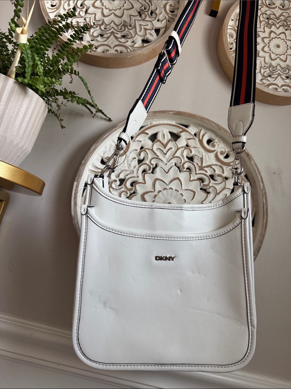 DKNY White Leather Crossbody with Striped Adjustable Strap